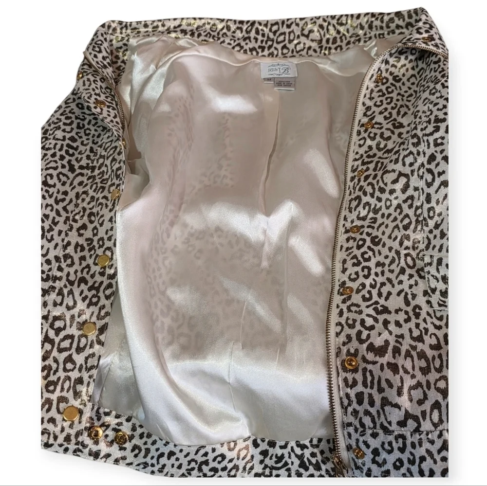 Vintage Just B Leopard Print Linen Jacket Gold Trim M 90s Y2K